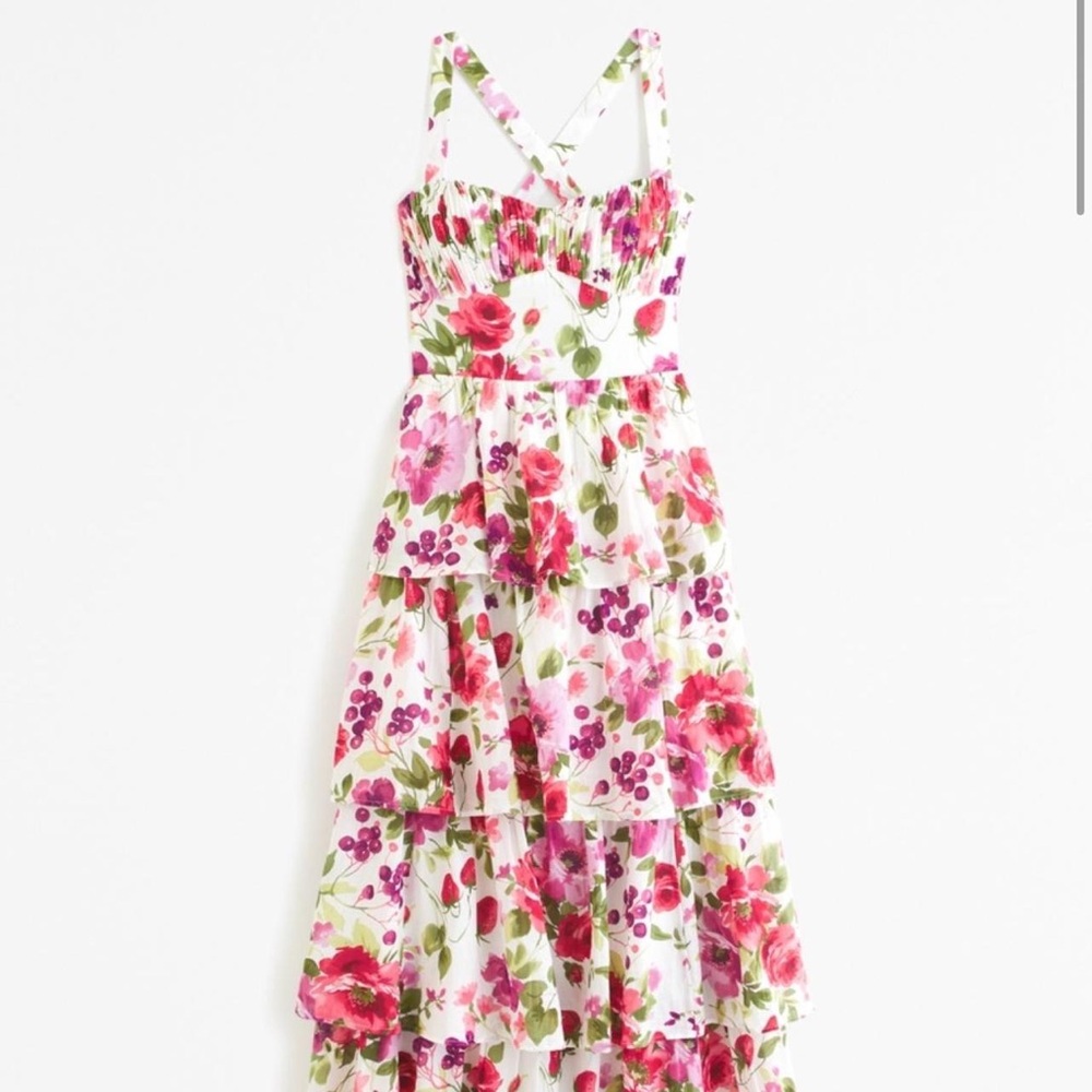 NWT Abercrombie & Fitch Lace-Up Back Tiered Maxi Dress Pink Floral